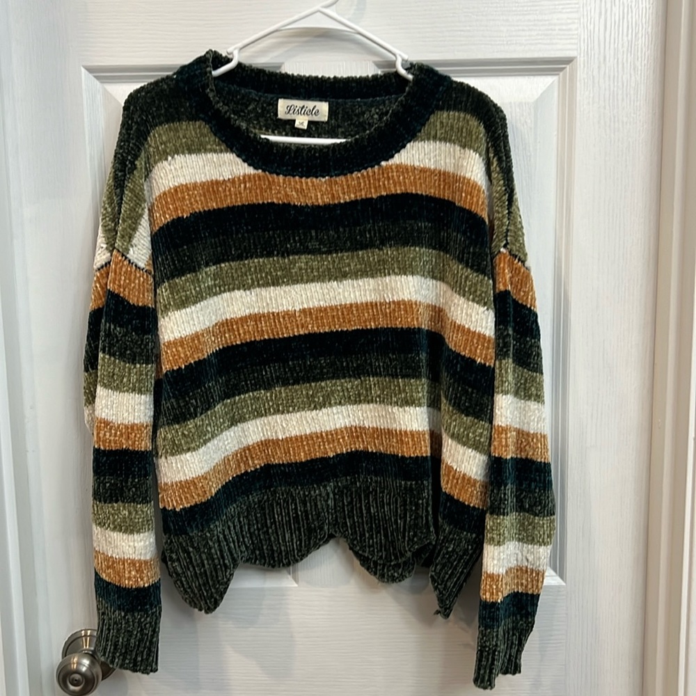 Listicle Ribbed Chenille Green Striped Sweater